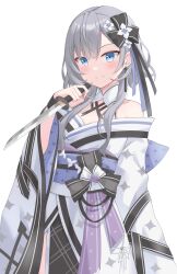Rule 34 | 1girl, absurdres, blue eyes, breasts, cleavage, detached collar, grey hair, hair ribbon, highres, holding, holding sword, holding weapon, hololive, hololive indonesia, japanese clothes, kimono, kyujuukyu, long hair, long sleeves, looking at viewer, obi, off shoulder, parted bangs, ribbon, sash, side slit, small breasts, solo, sword, vestia zeta, vestia zeta (new year), virtual youtuber, weapon, wide sleeves, wristband