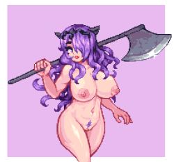 Rule 34 | 1girl, axe, breasts, camilla (fire emblem), female focus, female pubic hair, fire emblem, holding, holding axe, holding weapon, huge breasts, lipstick, long hair, makeup, nintendo, nipples, noscium, pixel art, pubic hair, purple hair, pussy, red lips, smile, solo, weapon