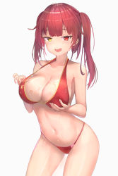 Rule 34 | 1girl, alternate costume, bare arms, bare shoulders, bikini, blush, breasts, collarbone, commentary request, cowboy shot, fang, fuenyuan, grabbing, grabbing another&#039;s breast, grabbing own breast, hand on breast, hands on own chest, heterochromia, highres, hololive, houshou marine, houshou marine (summer), large breasts, long hair, looking at viewer, navel, open mouth, red bikini, red eyes, red hair, simple background, smile, solo, stomach, swimsuit, twintails, virtual youtuber, wet, wet clothes, wet swimsuit, white background, yellow eyes