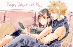 Rule 34 | 1boy, 1girl, bare arms, bare shoulders, black hair, blonde hair, blue eyes, breasts, closed mouth, cloud strife, couch, couplr, earrings, final fantasy, final fantasy vii, final fantasy vii advent children, happy valentine, hetero, high collar, hoehoe, holding, holding phone, hug, hug from behind, jewelry, large breasts, long hair, phone, pillow, red eyes, shirt, single earring, sitting, sitting on lap, sitting on person, sleeveless, sleeveless shirt, smile, spiked hair, square enix, swept bangs, tifa lockhart, valentine