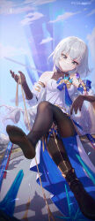 Rule 34 | 1girl, bare shoulders, boots, breasts, bronya rand, closed mouth, crossed legs, day, detached sleeves, dress, drill hair, earrings, elbow gloves, english text, gloves, grey eyes, grey hair, head tilt, highres, holding, holding rope, honkai: star rail, honkai (series), icecake, jewelry, long hair, long sleeves, medium breasts, no shoes, outdoors, pantyhose, rope, single boot, sitting, solo, very long hair, white dress