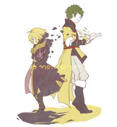 Rule 34 | 1boy, 1girl, ahoge, alternate eye color, back-to-back, black gloves, blonde hair, book, boots, brother and sister, closed eyes, colored skin, english text, fingerless gloves, fire emblem, fire emblem awakening, fur trim, gauntlets, gloves, green hair, hands on own head, haruno (toddy), height difference, hood, hooded jacket, jacket, knee boots, looking down, morgan (female) (fire emblem), morgan (fire emblem), nintendo, open book, owain (fire emblem), pants, parted lips, profile, quill, shadow, siblings, sideways mouth, simple background, standing, standing on one leg, teeth, white background, white skin, writing, yellow gloves