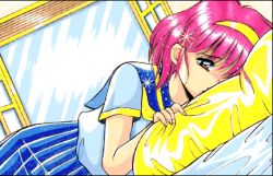 Rule 34 | 1girl, ayumi-chan monogatari, ayumi (ayumi-chan monogatari), bed, blush, game cg, hairband, lowres, lying, on bed, pillow, red hair, retro artstyle, school uniform, serafuku