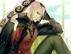 Rule 34 | 1boy, alternate hairstyle, ashiya douman (fate), ashiya douman (tour outfit) (fate), ayamatazu, black eyes, black gloves, black jacket, blue sky, braid, earrings, fate/grand order, fate (series), from side, gloves, green pants, hair between eyes, jacket, jewelry, long hair, looking at viewer, magatama, magatama earrings, male focus, multicolored hair, open mouth, pants, ponytail, red vest, signature, sitting, sky, solo, split-color hair, very long hair, vest