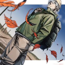 Rule 34 | 1boy, autumn leaves, beanie, beard, breath, brown pants, dutch angle, facial hair, falling leaves, feet out of frame, from below, green jacket, hair over one eye, hat, hima (nichikan), jacket, leaf, male focus, mature male, original, pants, short hair, sideburns, sky, solo, standing, stubble, white hair, wind, winter clothes