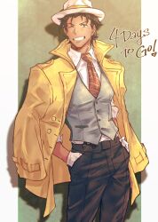 Rule 34 | 1boy, absurdres, black hair, black pants, blue eyes, collared shirt, cowboy shot, fedora, gloves, grey vest, grin, hands in pockets, hat, highres, jacket, jacket on shoulders, korina (mrpuripurin), looking at viewer, male focus, necktie, octopath traveler, octopath traveler ii, one eye closed, pants, partitio yellowil, red necktie, shirt, sleeves rolled up, smile, solo, standing, v-shaped eyebrows, vest, white gloves, white hat, white shirt, yellow jacket