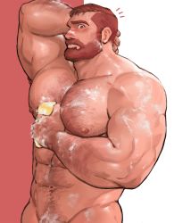 Rule 34 | 1boy, abs, arm behind head, bara, beard, blush, chest hair, completely nude, dopey (dopq), facial hair, hairy, highres, large pectorals, male focus, muscular, navel, navel hair, nipples, nude, orange hair, original, pectorals, short hair, showering, simple background, smile, solo, thick thighs, thighs, washing