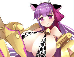 Rule 34 | 1girl, animal ears, animal print, bare shoulders, bell, blush, bow, breasts, claws, cleavage, collar, cow ears, cow girl, cow horns, cow print, cow tail, cowbell, fate/extra, fate/extra ccc, fate/grand order, fate (series), hair ribbon, highres, horns, huge breasts, long hair, looking at viewer, neck bell, passionlip (fate), pink eyes, purple eyes, purple hair, ribbon, simple background, smile, solo, tail, to moyomoyo, upper body, white background