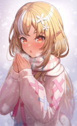 Rule 34 | 1girl, blonde hair, blush, dark-skinned female, dark skin, elf, enpera, flower, grey background, hair flower, hair ornament, hands up, highres, hololive, jacket, long hair, long sleeves, looking at viewer, multicolored hair, open mouth, orange eyes, own hands together, pink jacket, pink scarf, plaid, plaid scarf, pointy ears, scarf, shiranui flare, shiranui flare (4th costume), snowing, solo, streaked hair, suicabar72, upper body, virtual youtuber, white hair