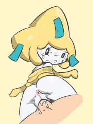 Rule 34 | 1boy, 1girl, anus, ass, bare shoulders, black eyes, bottomless, creatures (company), crying, cum, cum in pussy, erection, from behind, game freak, gen 3 pokemon, girl on top, hetero, highres, interspecies, jirachi, legendary pokemon, looking at viewer, looking back, mythical pokemon, nintendo, nude, off shoulder, open mouth, penis, pokemon, pokemon (creature), pokephilia, pov, pussy, sex, simple background, tears, uncensored, vaginal, vono (voon), yellow background