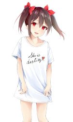 Rule 34 | 10s, 1girl, absurdres, black hair, blush, highres, long hair, looking at viewer, love live!, love live! school idol project, oversized clothes, oversized shirt, red eyes, shirt, shorts, simple background, smile, solo, standing, twintails, white background, yazawa nico
