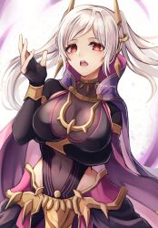 Rule 34 | 1girl, absurdres, breasts, bridal gauntlets, cape, choker, cleavage, covered navel, crown, earrame, fire emblem, fire emblem awakening, fire emblem heroes, gold trim, grima (fire emblem), hand up, highres, hip vent, large breasts, looking at viewer, nintendo, official alternate costume, open mouth, parted bangs, possessed, possession, red eyes, reia hana, robin (female) (fire emblem), robin (fire emblem), see-through, see-through cleavage, solo, twintails, upper body, watermark, white background, white hair