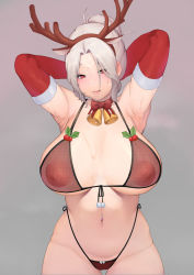 Rule 34 | 1girl, :q, antlers, armpits, arms behind head, bad id, bell, bow, bowtie, breasts, choker, cleavage, groin, heart, heart-shaped pupils, highres, horns, labiata (last origin), large breasts, last origin, looking at viewer, moebell, mole, mole on breast, navel, navel piercing, neck bell, nipples, piercing, ponytail, prototype labiata, red eyes, reindeer antlers, school uniform, see-through, serafuku, smile, solo, sweat, symbol-shaped pupils, tongue, tongue out, white hair