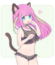 Rule 34 | 10s, 1girl, :3, :d, animal ears, artist name, ayu (mog), bad id, bad pixiv id, bare arms, bell, bikini, black bikini, blue eyes, blush, border, breasts, cat ears, cat tail, cleavage, collar, cowboy shot, eyelashes, frilled bikini, frilled swimsuit, frills, green background, green hair, hashimoto nyaa, heart, jingle bell, long hair, looking at viewer, medium breasts, multicolored hair, navel, neck bell, open mouth, osomatsu-san, outline, outside border, paw pose, pink hair, polka dot, polka dot background, smile, solo, stomach, streaked hair, swept bangs, swimsuit, tail, tankini