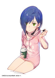 Rule 34 | 10s, 1girl, absurdres, blue hair, commentary request, cropped legs, cup, darling in the franxx, dated, earbuds, earphones, eyes visible through hair, gorgeous mushroom, green eyes, hair over one eye, highres, holding, hood, hood down, hoodie, ichigo (darling in the franxx), looking at viewer, parted lips, pink hoodie, short hair, signature, simple background, sitting, solo, white background