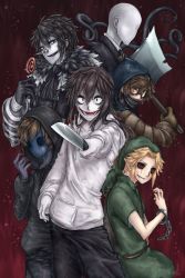 Rule 34 | 6+boys, axe, bad id, bad pixiv id, ben drowned, black sclera, candy, colored sclera, crazy eyes, creepypasta, equala, evil smile, eyeless jack, faceless, food, glasses, highres, hood, hooded jacket, jacket, jeff the killer, knife, laughing jack, lollipop, male focus, mask, multiple boys, slender man, smile, tentacles, ticci toby, ticcy toby, weapon