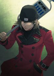 Rule 34 | 1boy, aragaki shinjirou, beanie, black hat, brown hair, closed mouth, coat, green background, hair between eyes, hand in pocket, hat, holding, holding sign, isa (peien516), long sleeves, looking at viewer, male focus, persona, persona 3, red coat, sign, simple background, solo