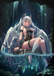 Rule 34 | 1girl, bandages, barefoot, blunt bangs, blush, breasts, cave, chain, commentary request, crying, feet, full body, has bad revision, has downscaled revision, highres, long hair, looking at viewer, md5 mismatch, medium breasts, multiple wings, original, red eyes, resolution mismatch, sideboob, silver hair, sitting, soaking feet, solo, source smaller, tama satou, tears, thigh strap, toes, two side up, vambraces, water, white wings, wings
