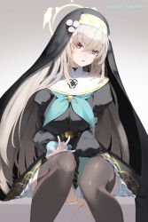 Rule 34 | 1girl, black dress, black thighhighs, blue archive, blush, dress, feet out of frame, green neckerchief, grey hair, habit, halo, head tilt, highres, juliet sleeves, long sleeves, looking at viewer, neckerchief, nun, puffy sleeves, red eyes, sakurako (blue archive), sitting, solo, sonaworld, thighhighs