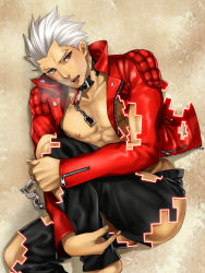 Rule 34 | 10s, 1boy, archer (fate), breath, dark-skinned male, dark skin, fate/extra, fate/extra ccc, fate/stay night, fate (series), jacket, leather, leather jacket, male focus, mitsuki mitsuno, official alternate costume, red jacket, solo, torn clothes, white hair