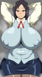Rule 34 | adjusting clothes, alternate breast size, arms up, bible black, black hair, blush, breasts, curvy, female bank teller (shin bible black), female ejaculation, green eyes, highres, large breasts, lips, long hair, looking at viewer, pantyhose, shin bible black, shiny skin, skirt, smile, standing, steaming body, wide hips, zeroblack