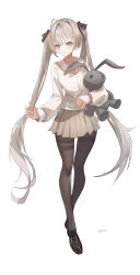 Rule 34 | 1girl, absurdres, black footwear, black pantyhose, black ribbon, blush, brown eyes, brown skirt, closed mouth, commentary, dated commentary, full body, hair ribbon, highres, holding, holding stuffed toy, kasugano sora, loafers, long hair, long sleeves, looking at viewer, miniskirt, pantyhose, platinum blonde hair, pleated skirt, puffy long sleeves, puffy sleeves, ribbon, sailor collar, shirt, shoes, signature, simple background, skirt, solo, standing, strash, stuffed animal, stuffed rabbit, stuffed toy, twintails, very long hair, white background, white sailor collar, white shirt, yosuga no sora