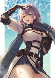 Rule 34 | 1girl, :d, belt, black gloves, blood, blood on face, blue sky, breasts, chest guard, cleavage, cloud, cloudy sky, commentary request, cowboy shot, day, fingerless gloves, gloves, green eyes, grey hair, highres, hololive, kiba tori, large breasts, looking away, mole, mole on breast, open mouth, pelvic curtain, pouch, shirogane noel, shirogane noel (1st costume), short hair, sky, smile, solo, twitter username, vambraces, virtual youtuber