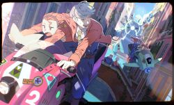 Rule 34 | 1girl, 4boys, absurdres, blue eyes, blurry, blurry background, collared shirt, commentary request, day, driving, fang, fantasy, flying, foreshortening, green necktie, grey hair, highres, jacket, jitome, ka 4maki, looking back, motor vehicle, motorcycle, multiple boys, necktie, open mouth, orange eyes, orange hair, orange jacket, original, partial commentary, robot, shirt, sunlight, sweat, teeth, thick eyebrows, white shirt