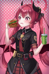 Rule 34 | + +, 1girl, :o, bag, belt, black shirt, blue archive, bow, breast pocket, burger, collared shirt, commentary request, cup, demon girl, demon horns, demon wings, disposable cup, drinking straw, drooling, dual wielding, food, hair between eyes, hair bow, hair ribbon, halo, highres, holding, holding food, horns, junko (blue archive), long hair, looking away, necktie, plaid, plaid skirt, pleated skirt, pocket, pointy ears, red eyes, red hair, ribbon, school uniform, shirt, short sleeves, sidelocks, skirt, solo, subob (subobdesu), twintails, wings