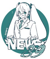 Rule 34 | 1girl, aqua theme, bespectacled, collared shirt, commentary, english text, glasses, hair between eyes, hair ornament, hatsune miku, haun, headphones, jacket, long hair, looking at viewer, monochrome, nail polish, necktie, news 39 (vocaloid), notice lines, shirt, simple background, sketch, smile, solo, twintails, upper body, very long hair, vocaloid