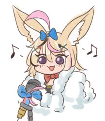 Rule 34 | 1girl, :3, :d, ahoge, animal ears, blonde hair, blue bow, bow, bowtie, chibi, facial mark, fox ears, hair bow, hair ornament, hairclip, hololive, looking at viewer, microphone, musical note, omaru polka, open mouth, purple eyes, red bow, red bowtie, simple background, smile, solo, upper body, virtual youtuber, white background, wool (miwol), x hair ornament