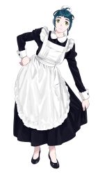 Rule 34 | 1girl, absurdres, alternate costume, alternate hairstyle, apron, black dress, bun cover, dress, enmaided, facing viewer, frilled apron, frills, full body, green eyes, green hair, hair bun, highres, irako (kancolle), kantai collection, leaning to the side, long hair, maid, maid apron, ojipon, sideways glance, simple background, single hair bun, solo, standing, white apron, white background