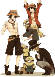 Rule 34 | 3boys, belt, boots, brothers, ascot, crossover, cyclops, freckles, goggles, hat, highres, jacket, jewelry, male focus, minions, monkey d. luffy, multiple boys, necklace, one-eyed, one piece, open clothes, open shirt, overalls, portgas d. ace, sabo (one piece), sash, scar, shirt, topless male, shorts, siblings, simple background, smile, stampede string, straw hat, thigh strap, top hat