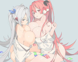 Rule 34 | 2girls, blush, breasts, collarbone, commission, condom, condom wrapper, gogoco, highres, large breasts, looking at viewer, maplestory, multiple girls, naked shirt, original, parted lips, red eyes, red hair, shirt, silver hair, twintails