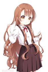 Rule 34 | 1girl, black skirt, blush, bow, bowtie, brown eyes, brown hair, buttons, child, collared shirt, highres, holding, holding hair, looking at viewer, mearian, oomuro-ke, oomuro hanako, open mouth, pleated skirt, red bow, red bowtie, shirt, simple background, skirt, solo, suspender skirt, suspenders, twitter username, white background, white shirt, yuru yuri