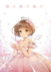 Rule 34 | 1990s (style), 1girl, antenna hair, artist name, bare shoulders, blunt bangs, blush, bow, breasts, brown hair, cardcaptor sakura, character name, cleavage, closed mouth, collarbone, cowboy shot, detached wings, dress, eyebrows, flower, hair bow, hair flower, hair ornament, hieihirai, kinomoto sakura, looking at viewer, off-shoulder dress, off shoulder, own hands together, pink dress, pink flower, puffy dress, retro artstyle, short hair, simple background, small breasts, smile, solo, tareme, white background, white bow, white wings, wings, yellow eyes