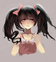 Rule 34 | 10s, 1girl, big hair, black hair, bow, brown hair, frown, grey background, hair bow, highres, igugugugu, lips, love live!, love live! school idol project, parted lips, pink bow, red eyes, shaded face, simple background, solo, twintails, upper body, yazawa nico