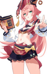 Rule 34 | 1girl, absurdres, barefoot, black skirt, book, bow, breasts, cleavage, commentary, cowboy shot, crop top, czk, genshin impact, green eyes, hair between eyes, highres, holding, holding book, long hair, looking at viewer, midriff, miniskirt, navel, pink hair, pointing, pom pom (clothes), red headwear, simple background, skirt, small breasts, solo, standing, stomach, thighs, very long hair, white background, yanfei (genshin impact), yellow bow