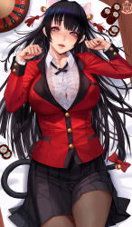 Rule 34 | 1girl, animal ears, black hair, blunt bangs, bolo tie, breasts, card, cat ears, cat tail, collared shirt, commentary, commentary request, dress shirt, english commentary, formal, gtunver, highres, hime cut, hyakkaou academy school uniform, jabami yumeko, jacket, kakegurui, large breasts, long hair, lying, mixed-language commentary, on back, paid reward available, pantyhose, paw pose, pleated skirt, poker chip, red jacket, red suit, school uniform, shirt, skirt, suit, suit jacket, tail, white shirt