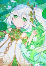 Rule 34 | 1girl, bracelet, cape, child, commentary request, detached sleeves, dress, flower, genshin impact, gradient hair, grass, green eyes, hair between eyes, hair ornament, highres, holding, holding flower, jewelry, leaf hair ornament, long hair, looking at viewer, lying, multicolored hair, nahida (genshin impact), on back, parted lips, pointy ears, short dress, short sleeves, side ponytail, sidelocks, solo, symbol-shaped pupils, two-tone hair, white dress, white hair, yutukicom