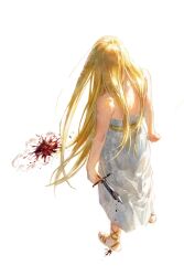 Rule 34 | 1girl, ankle lace-up, arms at sides, bare arms, bare shoulders, blonde hair, blood, blood splatter, bloody knife, cross-laced footwear, dress, from above, from behind, full body, gkfdlfdjqtdma, highres, knife, korean commentary, long hair, nintendo, princess zelda, reverse grip, sandals, shards, simple background, solo, standing, strapless, strapless dress, the legend of zelda, very long hair, white background, white dress