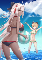 Rule 34 | 2girls, ahoge, arms up, ass, bad id, bad pixiv id, bare arms, bare shoulders, bikini, black bikini, black bow, blonde hair, blue sky, bow, breasts, brown eyes, butt crack, cloud, commentary request, dark-skinned female, dark skin, day, dimples of venus, fate/grand order, fate (series), hair between eyes, hair bow, hair ornament, highres, koha-ace, large breasts, long hair, medium breasts, multiple girls, o-ring, o-ring bikini, o-ring bottom, okita souji (fate), okita souji (koha-ace), okita souji alter (fate), outdoors, outstretched arms, short hair, silver hair, sky, spread arms, standing, swimsuit, tassel, very long hair, wading, water, white bikini, yellow eyes, yuzu-aki