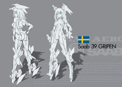 Rule 34 | 1girl, aqua eyes, ass, ballet boots, hair ornament, hair wings, hairclip, hand on thigh, head wings, highres, looking at viewer, looking back, mecha musume, monochrome, multiple views, nenchi, saab gripen, short hair, skin tight, spot color, sweden, swedish flag, wings