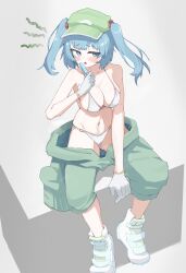 Rule 34 | 1girl, bikini, blue eyes, blue hair, blush, breasts, cleavage, commentary, flat cap, food, full body, gloves, green hat, green pants, grey background, hair bobbles, hair ornament, hat, highres, kawashiro nitori, large breasts, looking at viewer, medium hair, navel, open mouth, pants, popsicle, semotaretare, solo, swimsuit, touhou, two side up, white bikini, white footwear, white gloves