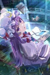 Rule 34 | 1girl, blue bow, book, bookshelf, bow, crescent, dress, from above, fujiwara aoi, hair bow, hair ribbon, hat, holding, holding book, long hair, long sleeves, looking at viewer, mob cap, open mouth, patchouli knowledge, purple eyes, purple hair, red bow, ribbon, sitting, solo, striped, touhou, very long hair