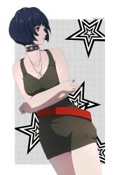 Rule 34 | 1girl, bare legs, belt, black collar, black dress, black eyes, blue hair, blunt bangs, bob cut, border, breasts, cleavage, collar, collarbone, cowboy shot, crossed arms, dress, dutch angle, highres, jewelry, looking to the side, medium breasts, nail polish, pendant, persona, persona 5, red belt, red nails, shiny skin, short dress, short hair, sleeveless, sleeveless dress, solo, spiked collar, spikes, standing, takemi tae, twitter username, umenituru, white border