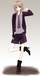 Rule 34 | 1girl, boots, brown hair, fashion, gradient background, green eyes, looking at viewer, necktie, no nose, original, parted lips, playing with own hair, short hair, shorts, solo, tsukigami runa
