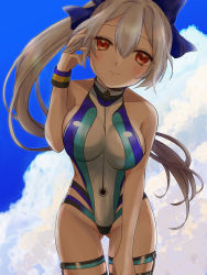 Rule 34 | 1girl, adjusting hair, bare shoulders, blue bow, blue one-piece swimsuit, blue sky, blush, bow, breasts, cloud, collarbone, commentary request, competition swimsuit, fate/grand order, fate (series), grey hair, hair between eyes, hair bow, head tilt, highleg, highleg swimsuit, highres, hotaru (candy), large breasts, leaning forward, looking at viewer, one-piece swimsuit, red eyes, sky, smile, solo, swimsuit, thigh strap, tomoe gozen (fate), tomoe gozen (swimsuit saber) (fate), tomoe gozen (swimsuit saber) (first ascension) (fate)