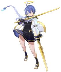 Rule 34 | 1girl, ahoge, black gloves, blue eyes, blue hair, braid, braided ponytail, closed mouth, commentary request, falken (yutozin), full body, gloves, hair between eyes, halo, highres, holding, holding sword, holding weapon, looking at viewer, original, simple background, standing, sword, toes, weapon, white background, yellow halo
