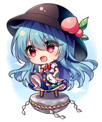 Rule 34 | 1girl, :d, black hat, blue hair, blue skirt, blush, boots, bow, brown footwear, chibi, clenched hand, commentary, cross-laced footwear, eyelashes, eyes visible through hair, floating hair, hair between eyes, hand on own hip, hand up, hat, highres, hinanawi tenshi, keystone, long hair, looking afar, open mouth, peach hat ornament, petticoat, pudding (skymint 028), puffy short sleeves, puffy sleeves, rainbow order, red bow, red eyes, rope, shimenawa, shirt, short sleeves, simple background, skirt, smile, solo, standing, tareme, touhou, v-shaped eyebrows, very long hair, white background, white shirt